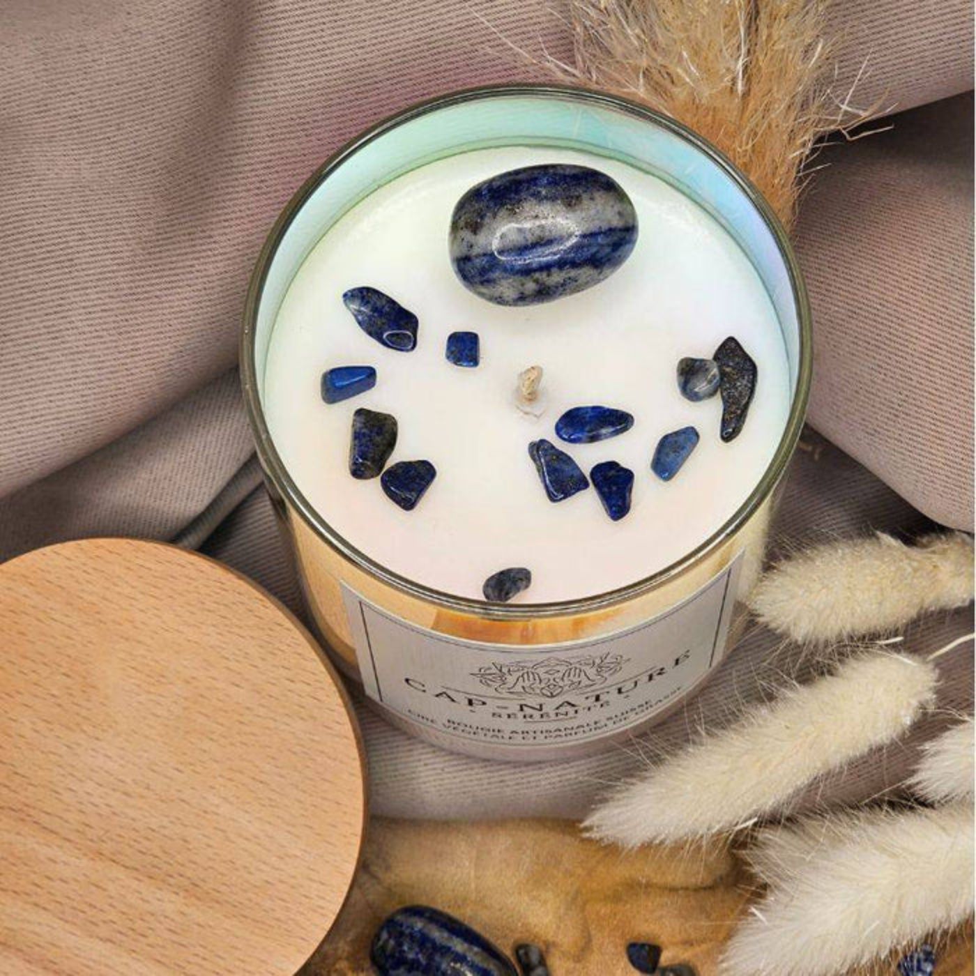 Bougie artisanale à la cire végétale avec pierres semi-précieuses - Cap-Nature