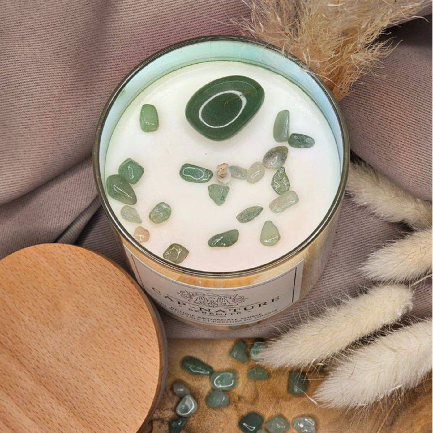 Bougie artisanale à la cire végétale avec pierres semi-précieuses - Cap-Nature