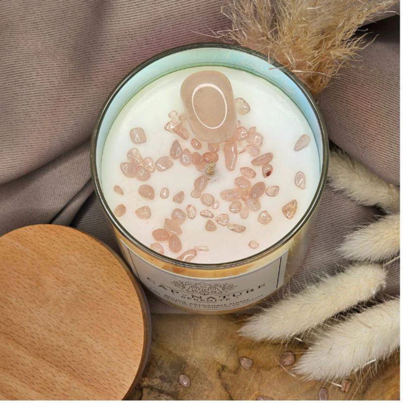 Bougie artisanale à la cire végétale avec pierres semi-précieuses - Cap-Nature