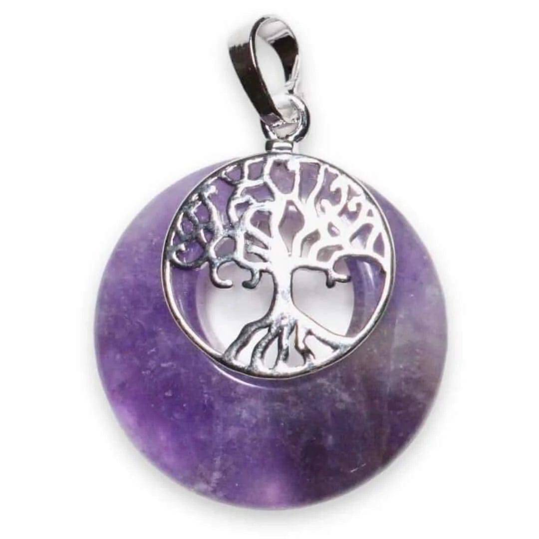 Pendentif en Améthyste avec Arbre de Vie en Laiton Argenté et Chaîne en Acier Inoxydable - Cap-Nature