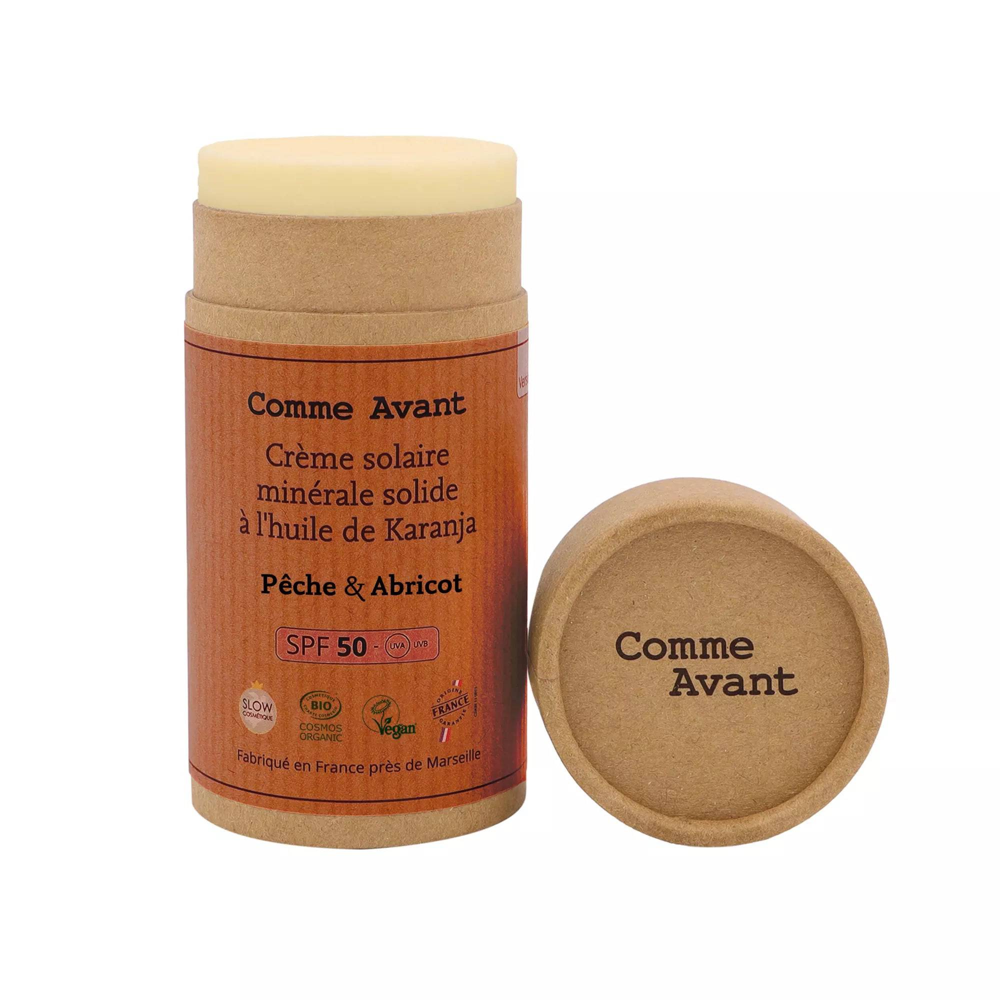 Crème solaire minérale solide SPF50 - Pêche et Abricot - Comme Avant - Cap-Nature