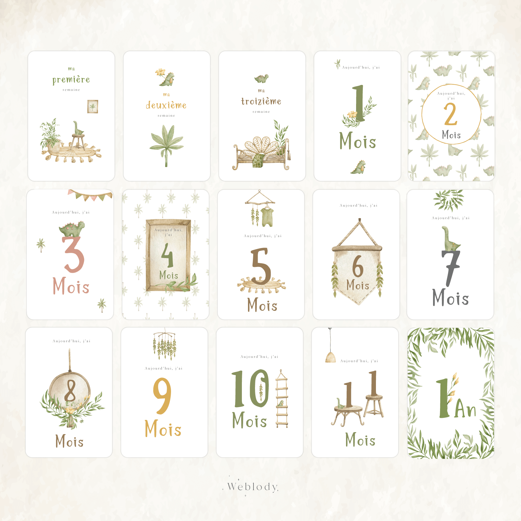 15 Cartes étapes naissance bébé jungle, vert et marron - Cap-Nature