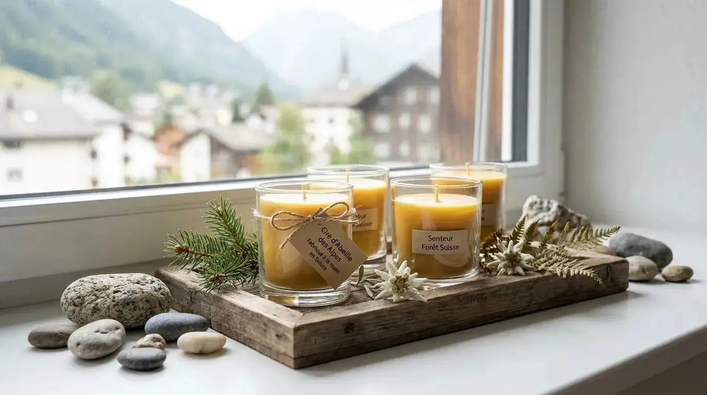 Composition de bougies parfumées artisanales avec pierres naturelles dans un décor suisse élégant