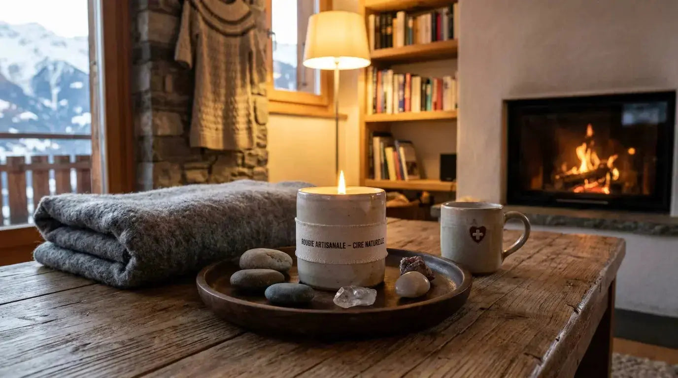 Bougie artisanale allumée dans une ambiance cocooning avec pierres naturelles et plaid en laine
