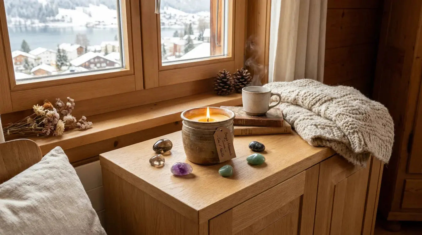 Bougie artisanale allumée dans un intérieur suisse chaleureux avec pierres semi-précieuses Bild