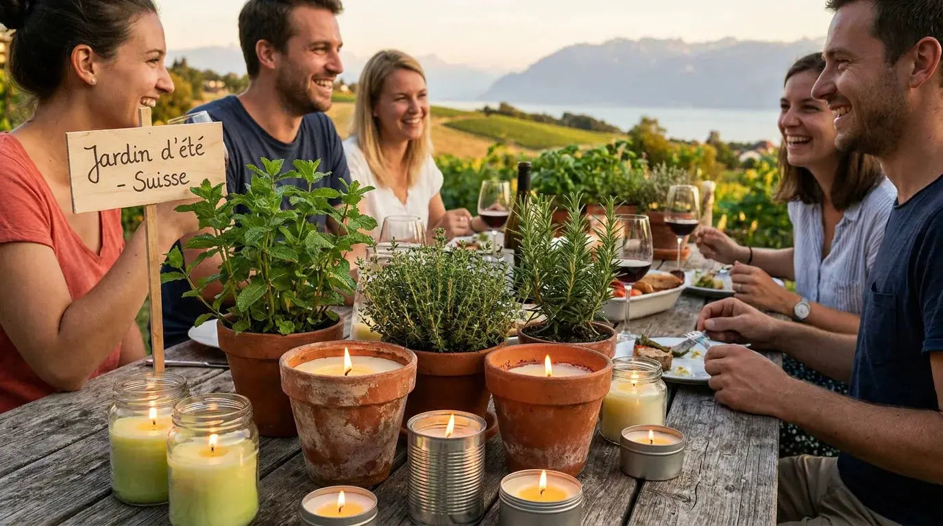 Bougies à la citronnelle allumées sur une table de jardin lors d'une soirée d'été en Suisse Bild