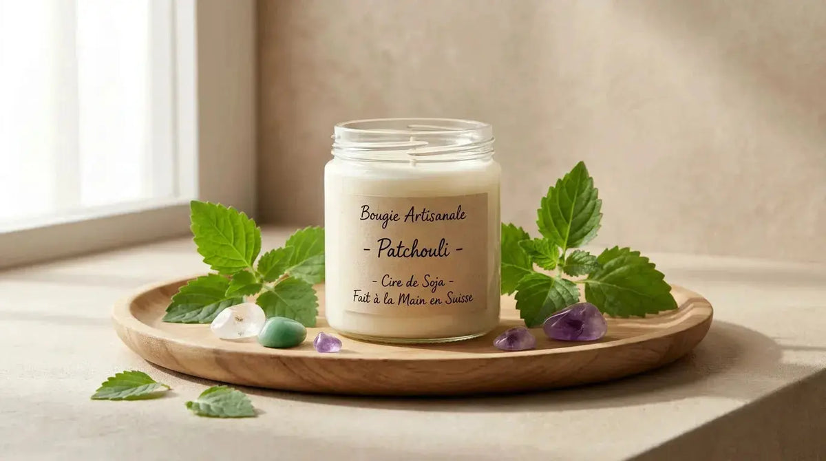 Bougie parfumée au patchouli artisanale avec pierres semi-précieuses
