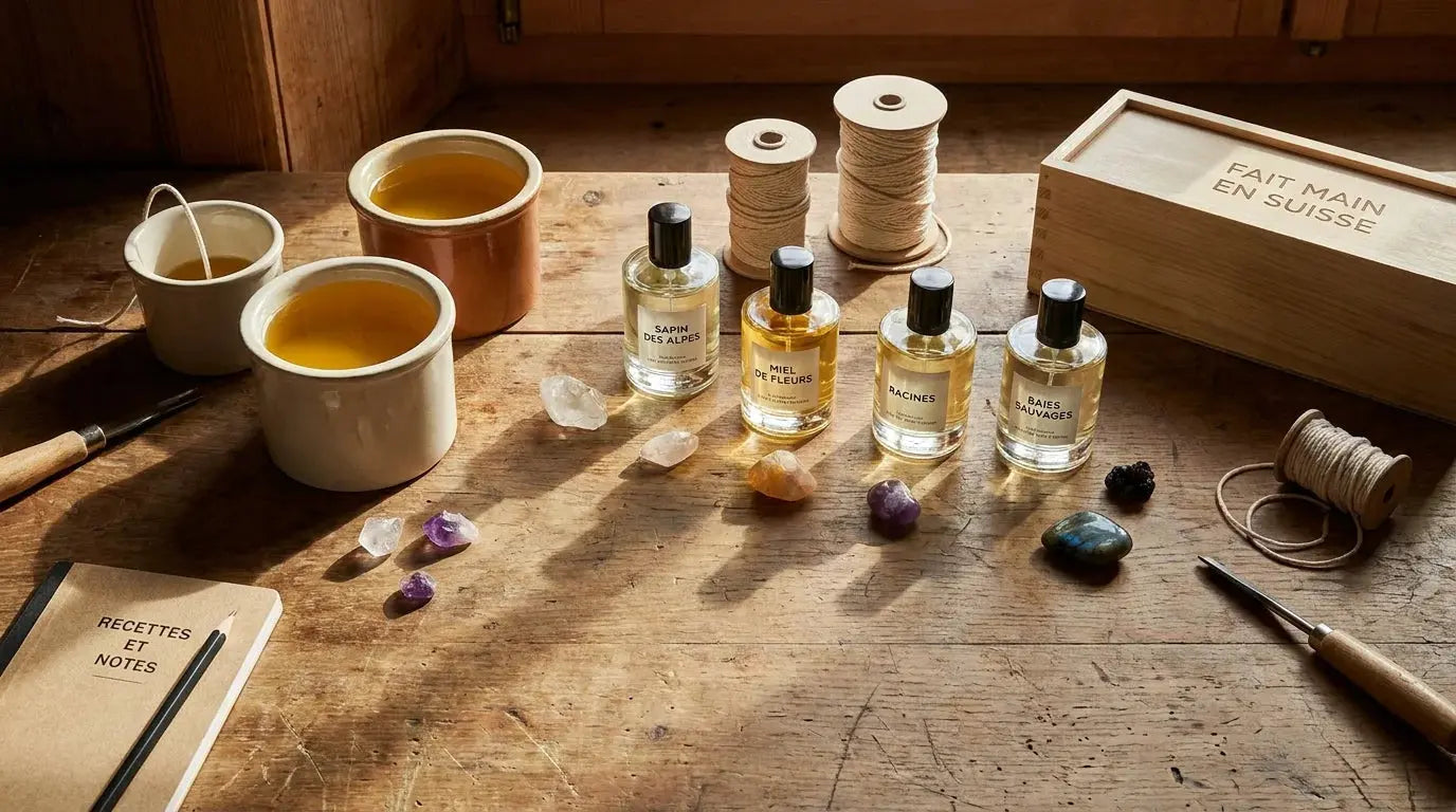 Plan de travail d'un artisan fabricant de bougies en Suisse avec cire végétale et pierres semi-précieuses Bild