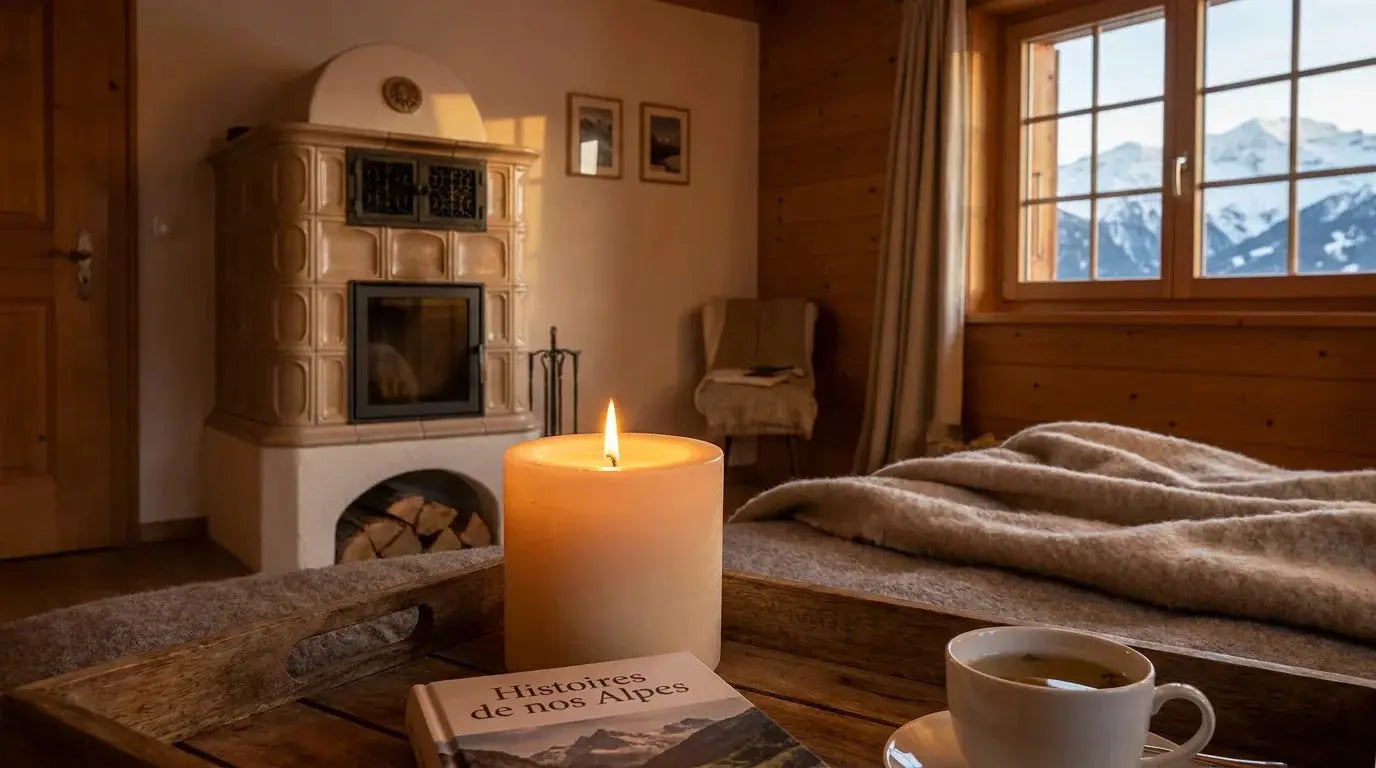 Bougie parfumée artisanale allumée dans un intérieur chaleureux en Suisse