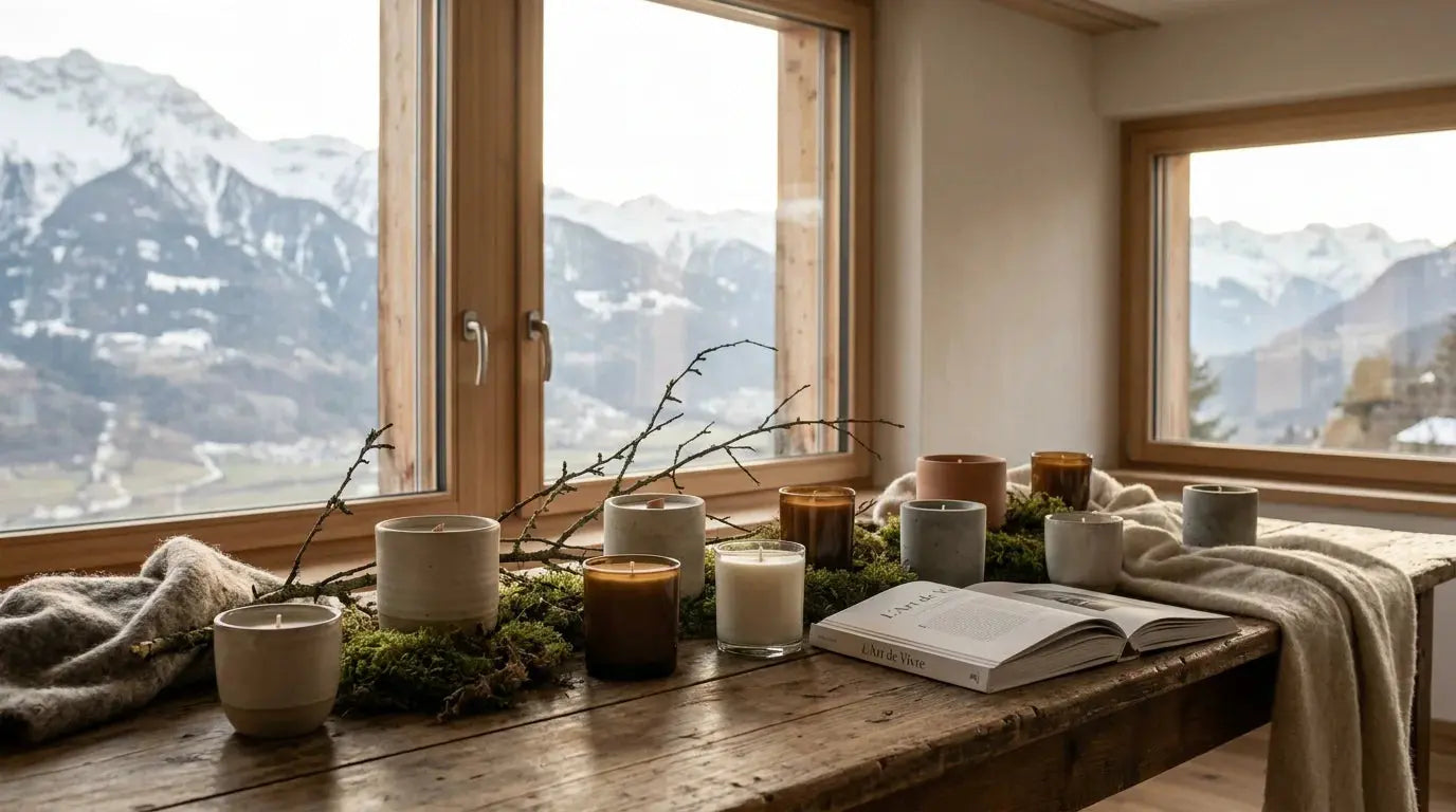 Collection de bougies artisanales en cire végétale dans un intérieur suisse lumineux
