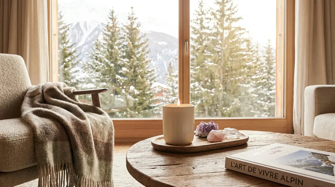 Bougie artisanale en cire végétale avec pierres semi-précieuses dans un intérieur suisse chaleureux Bild