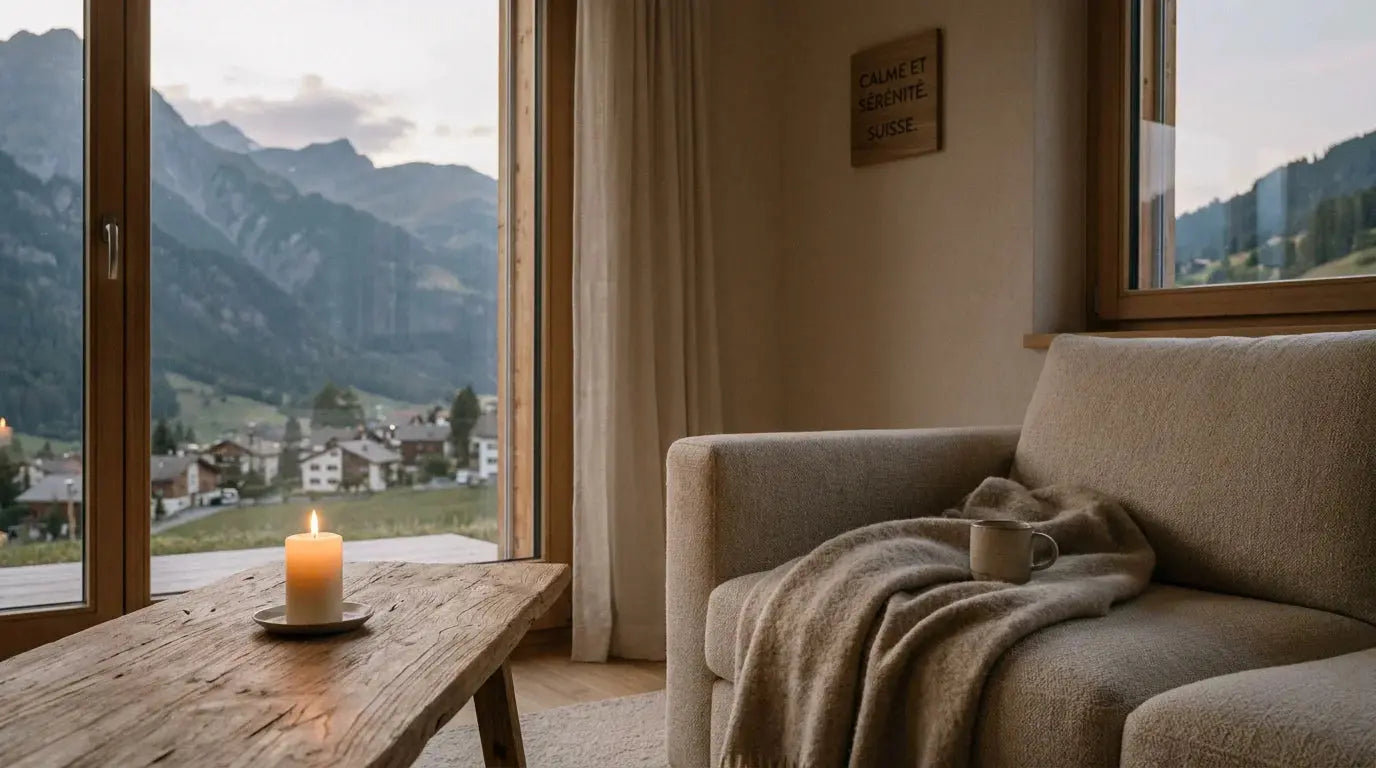 Bougie parfumée allumée dans un intérieur suisse chaleureux et naturel