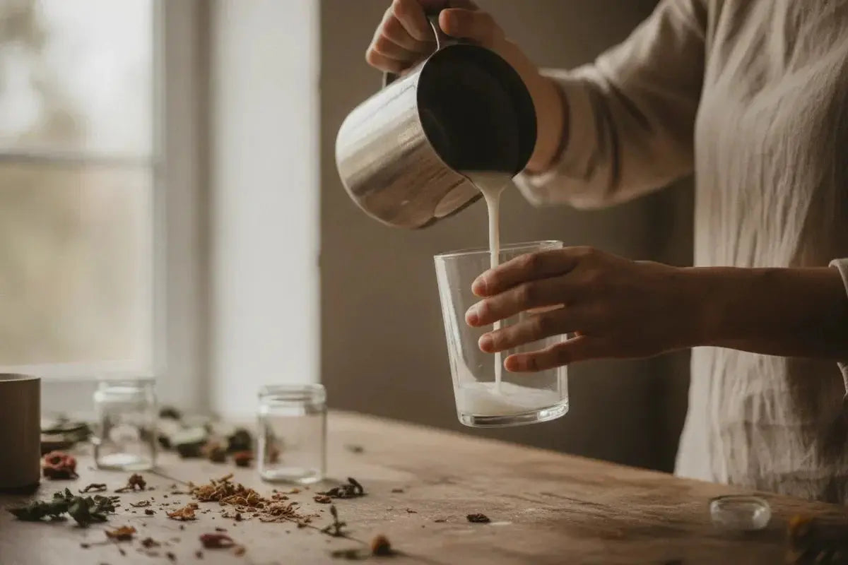 une bougie en cire végétale en cours de coulée à la main dans un contenant en verre Image