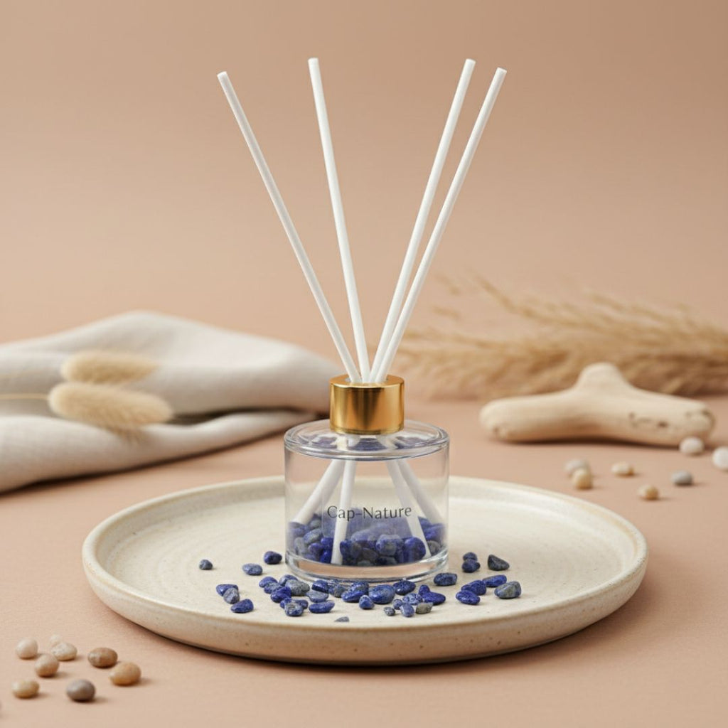 Diffuseur à tiges parfumées avec mini pierres en Lapis Lazuli - Parfum Cocooning - Cap-Nature