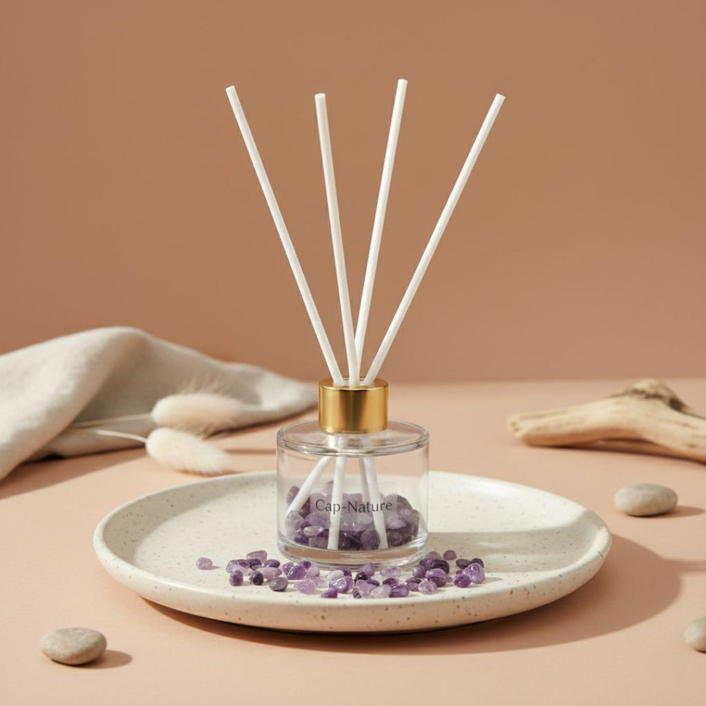 Diffuseur à tiges parfumées avec mini pierres en Améthyste - Parfum Zen - Cap-Nature