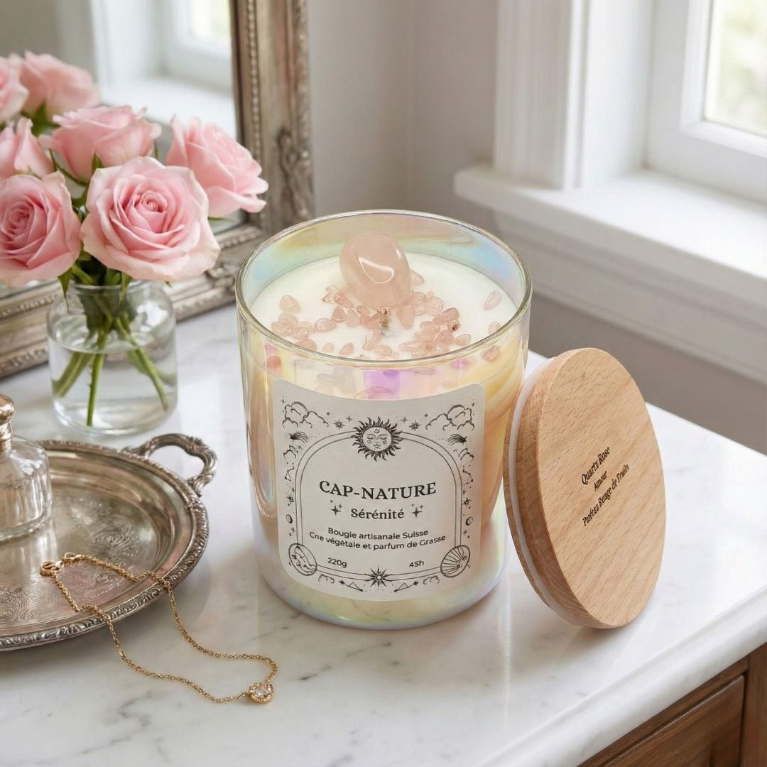 Candela al quarzo rosa e profumo di frutti rossi