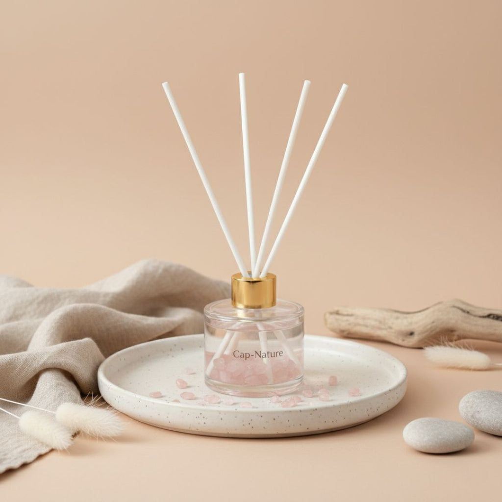 Duftender Stabdiffusor mit Mini-Rosenquarzsteinen – Duft nach roten Früchten