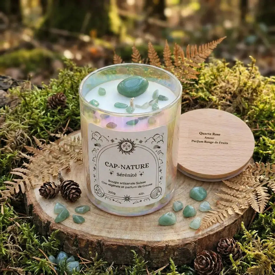 Bougie artisanale à la cire végétale avec pierres semi-précieuses Cap-Nature