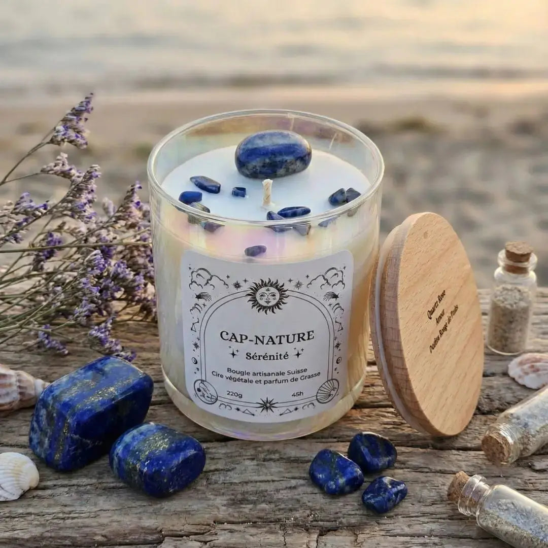 Bougie artisanale à la cire végétale avec pierres semi-précieuses Cap-Nature