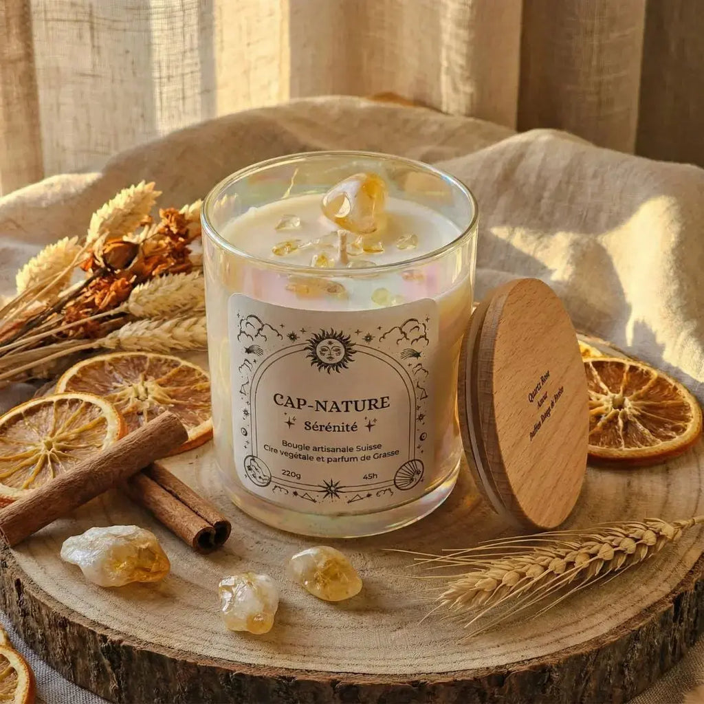 Bougie artisanale à la cire végétale avec pierres semi-précieuses Cap-Nature