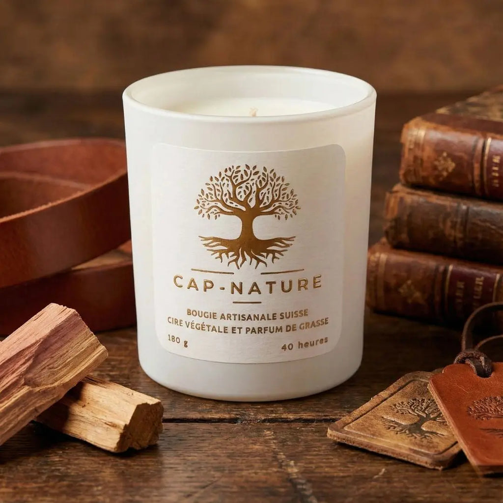 Bougie Artisanale Suisse en Cire de Soja – Parfum Cuir et Bois - Cap-Nature