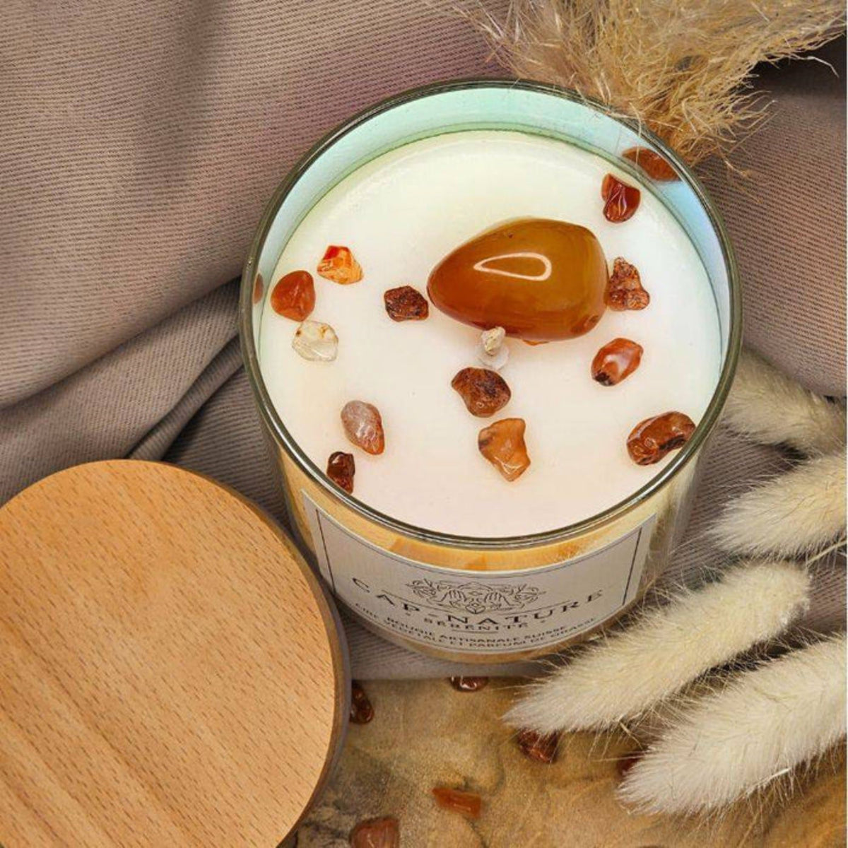 Bougie artisanale à la cire végétale avec pierres semi-précieuses - Cap-Nature