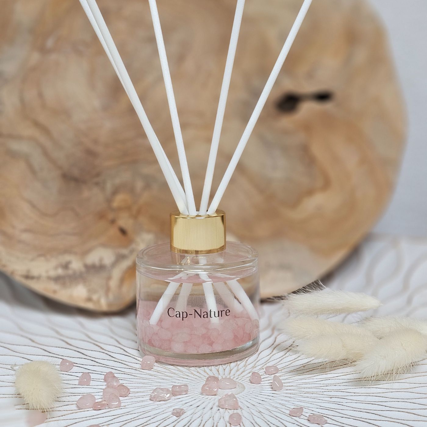 Diffuseur à tiges parfumées avec mini pierres en Quartz Rose - Parfum Rouge de Fruits - Cap-Nature