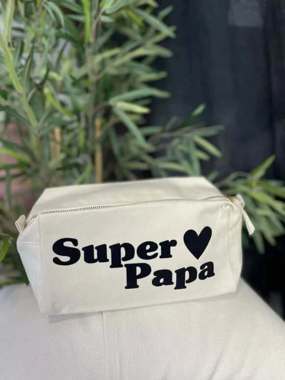 Ecru-Würfel-Kulturbeutel „Super Papa“