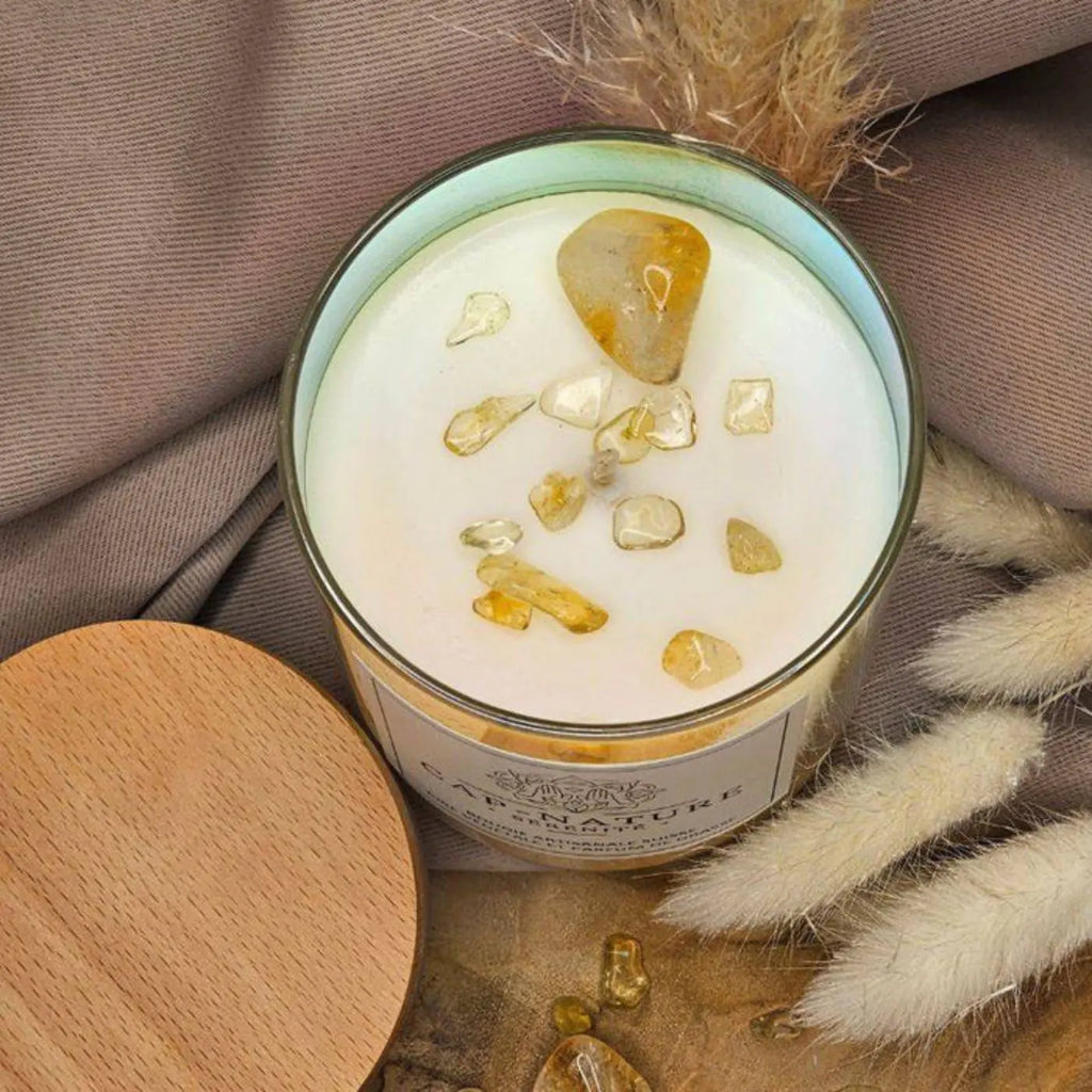 Bougie artisanale à la cire végétale avec pierres semi-précieuses - Cap-Nature