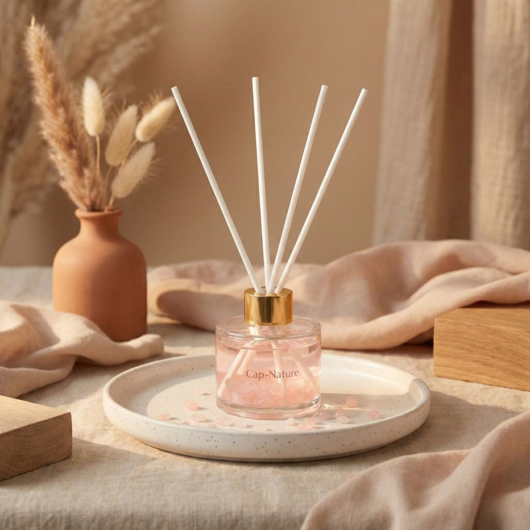 Duftender Stabdiffusor mit Mini-Rosenquarzsteinen – Duft nach roten Früchten