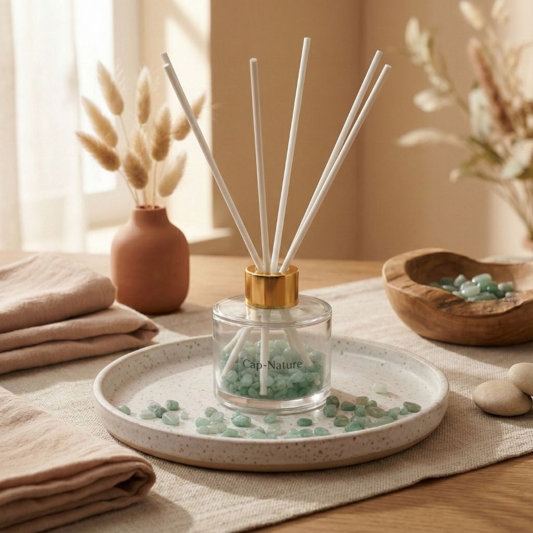 Diffuseur à tiges parfumé avec mini pierres en Aventurine Verte - Parfum Lavandin Eucalyptus - Cap-Nature Bild