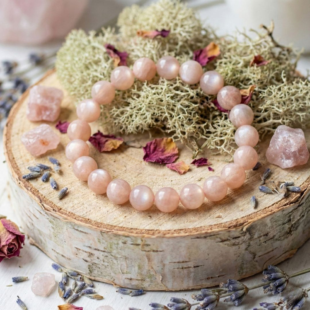 Bracelet en Perle Ronde en Pierre de Lune rose