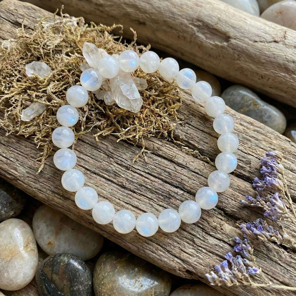 Bracciale con perline rotonde in pietra di luna blu