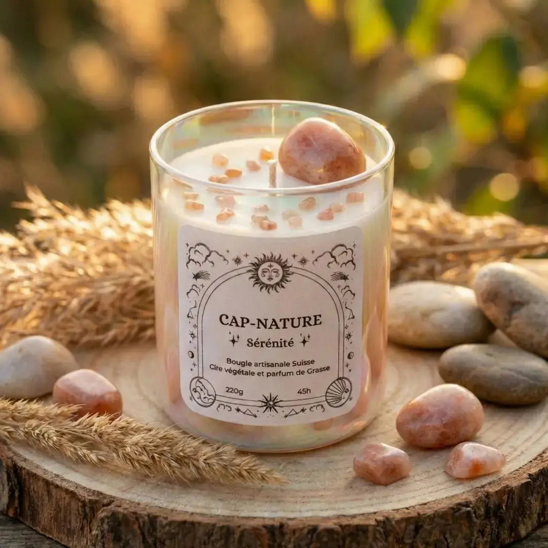 Bougie artisanale à la cire végétale avec pierres semi-précieuses Cap-Nature