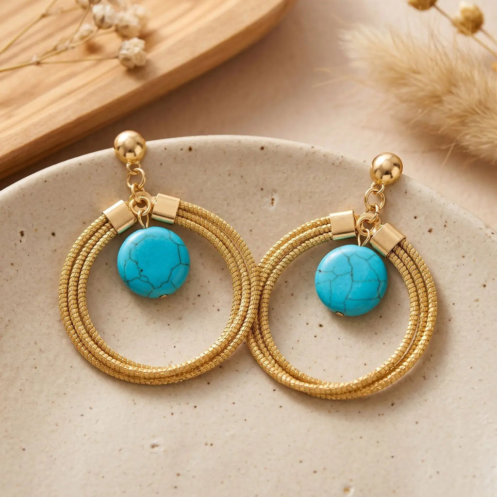 Boucles d’Oreilles Azura – Or Végétal & Turquoise Cap-Nature