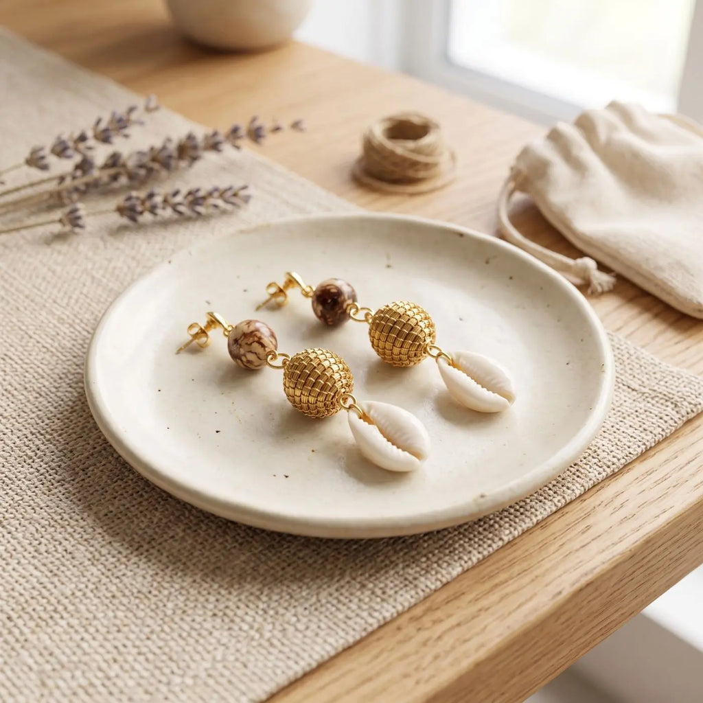 Ohrringe Yara – Pflanzen-Gold, Muschel & Wacai-Samen