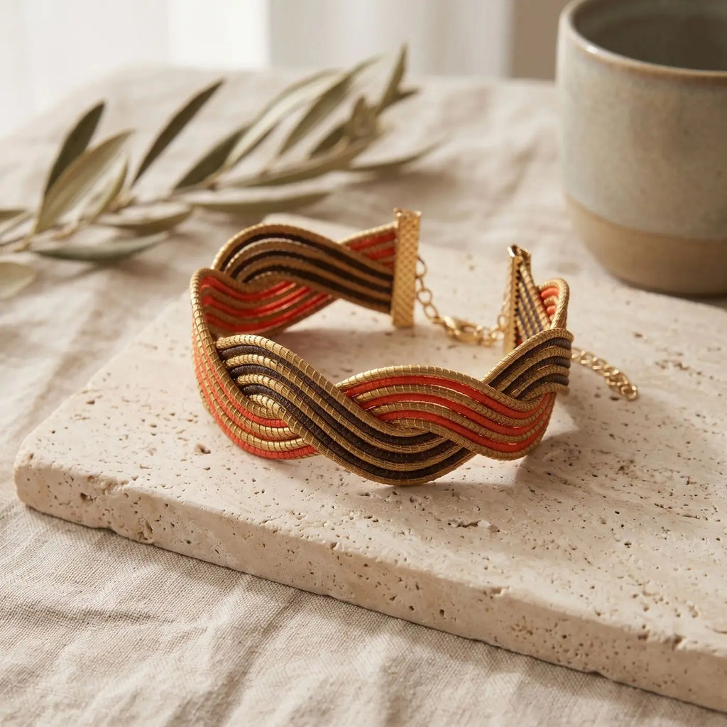 Bracelet Sienna – Or Végétal Tressé Rouge & Brun