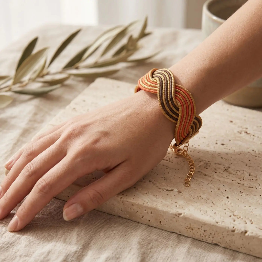 Bracelet Sienna – Or Végétal Tressé Rouge & Brun