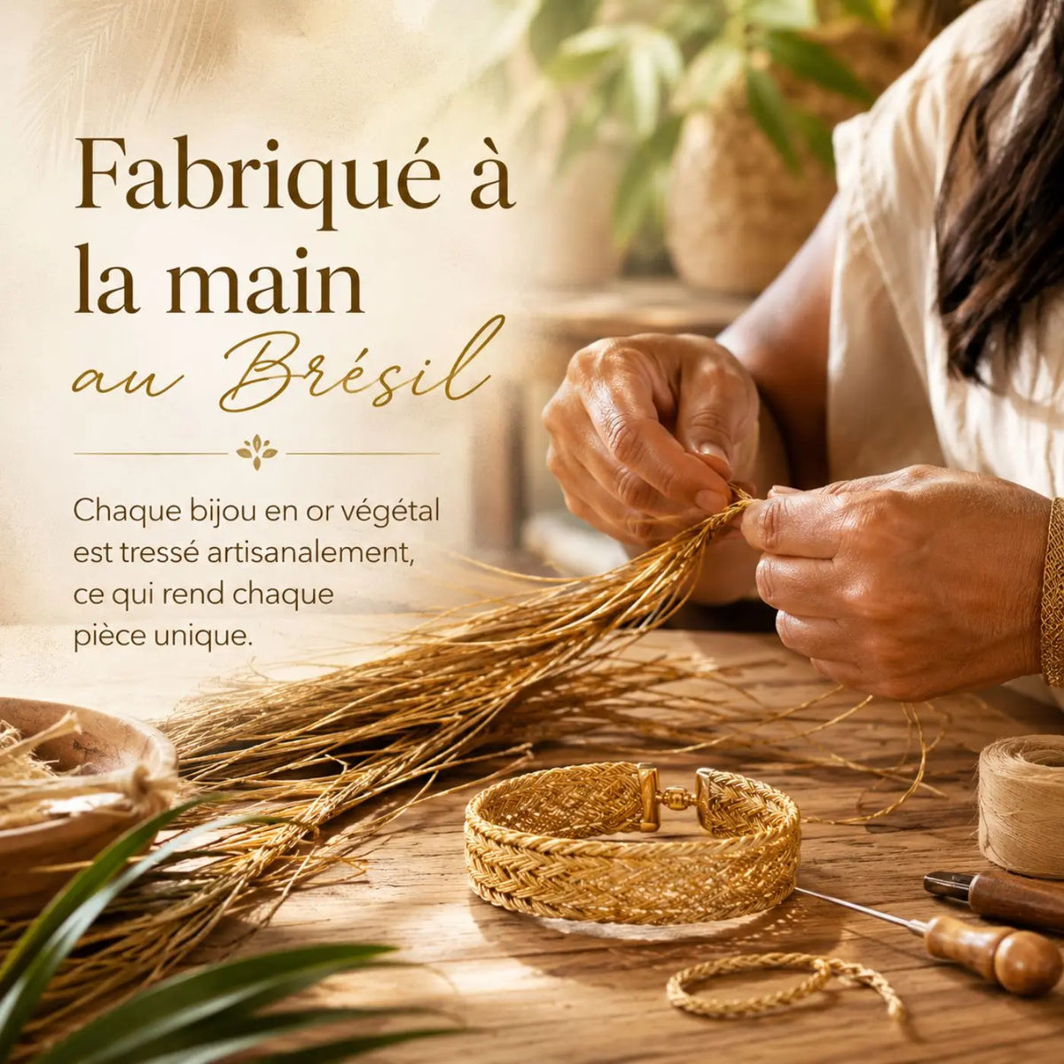 Bracelet Sienna – Or Végétal Tressé Rouge & Brun
