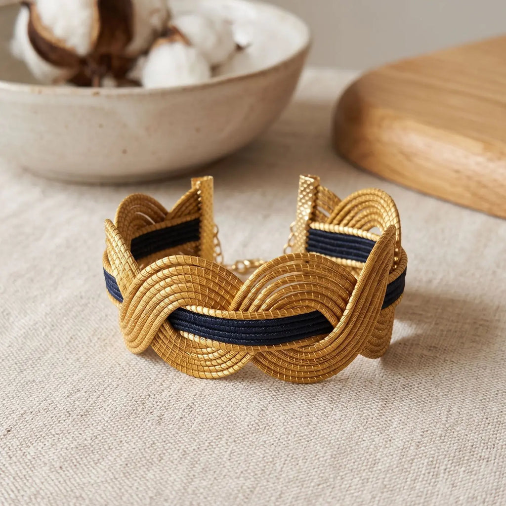 Armband Céleste – Nachtblau & Gold geflochtenes Pflanzen-Gold