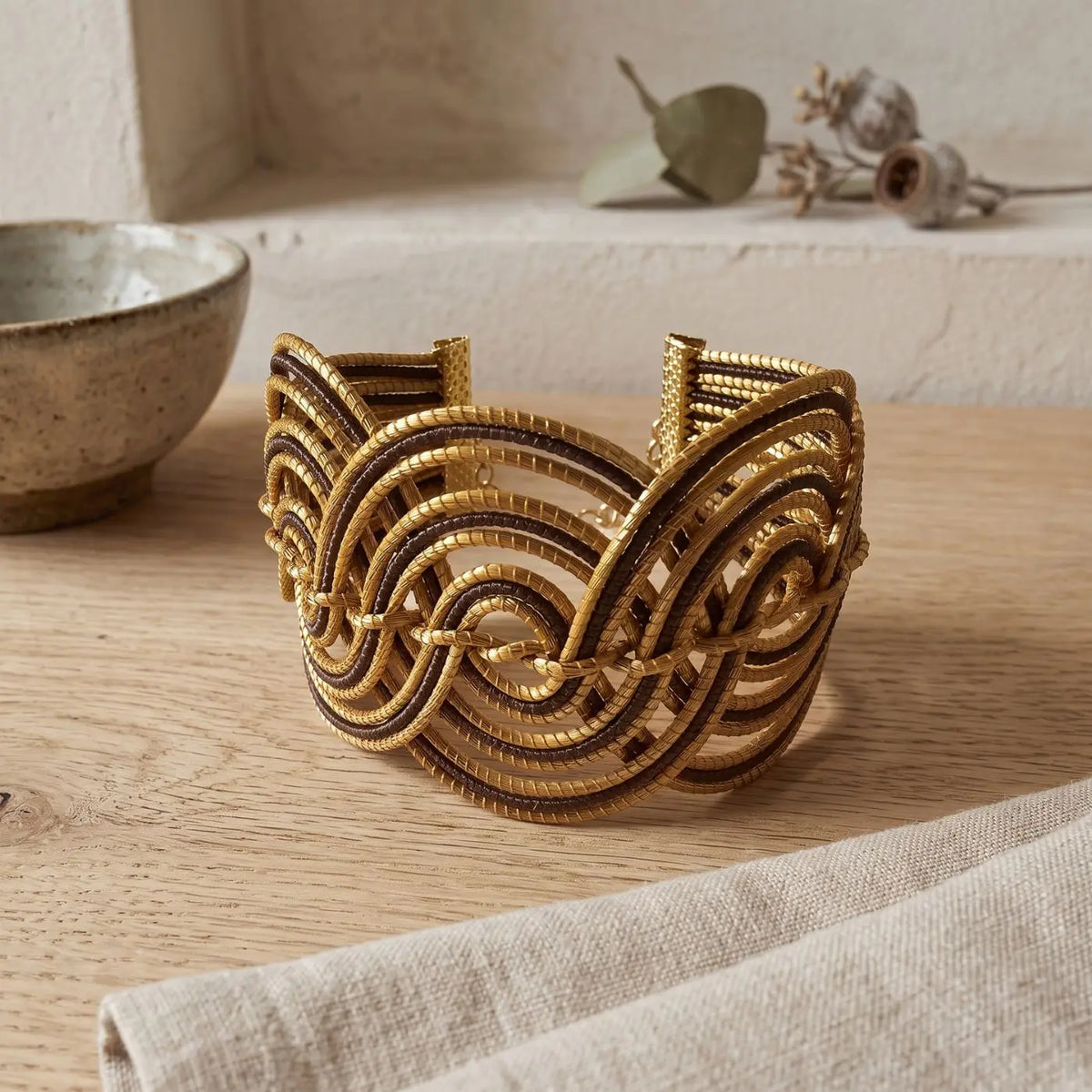 Bracelet Éclipse – Manchette en Or Végétal Brun & Doré