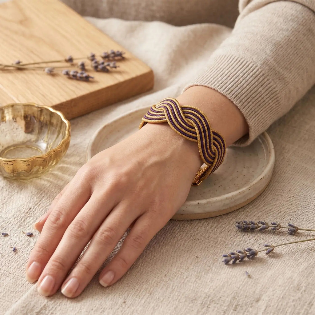 Armband Violeta – Violett & Goldene Pflanzenfaser