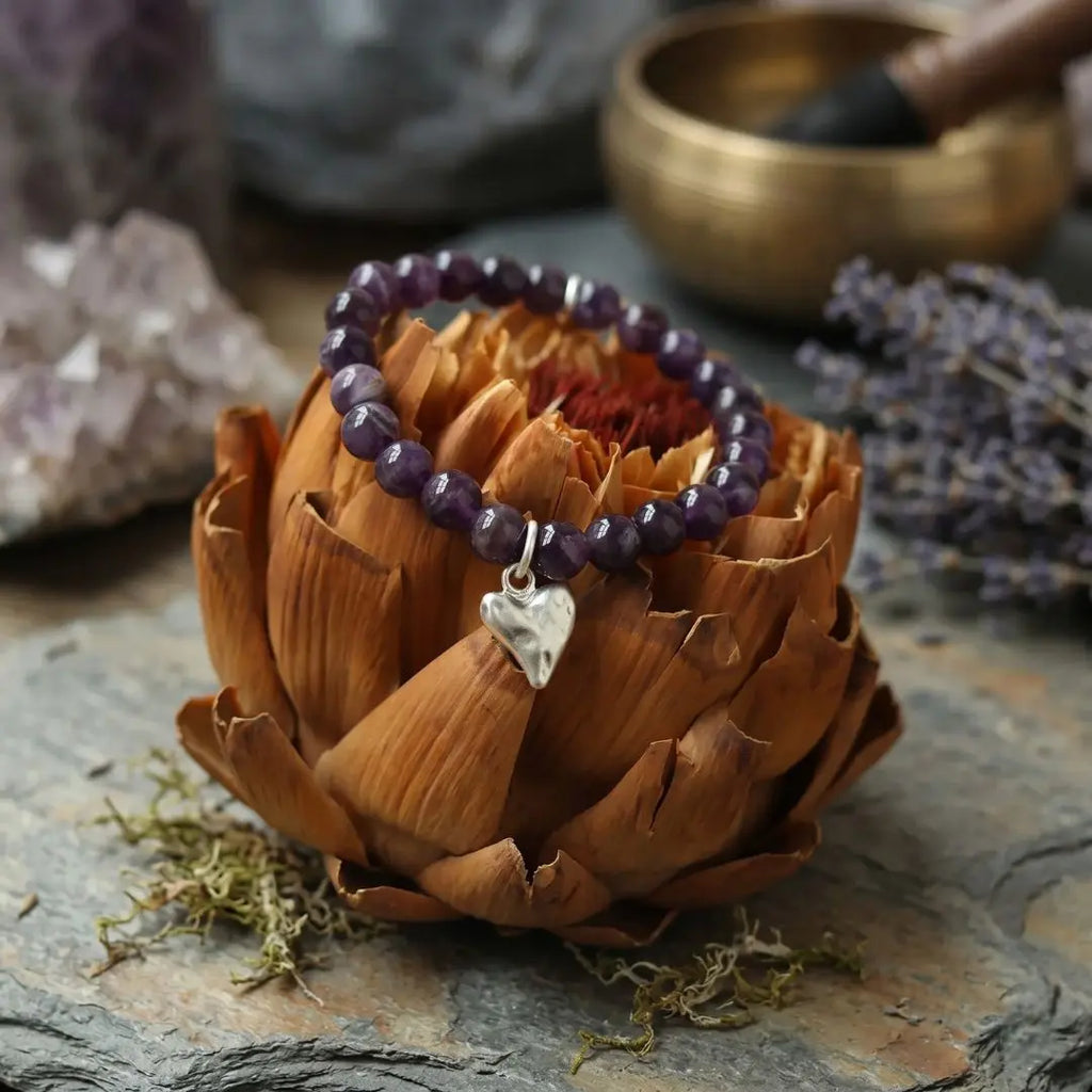 Bracelet en améthyste véritable avec pendentif en forme de cœur