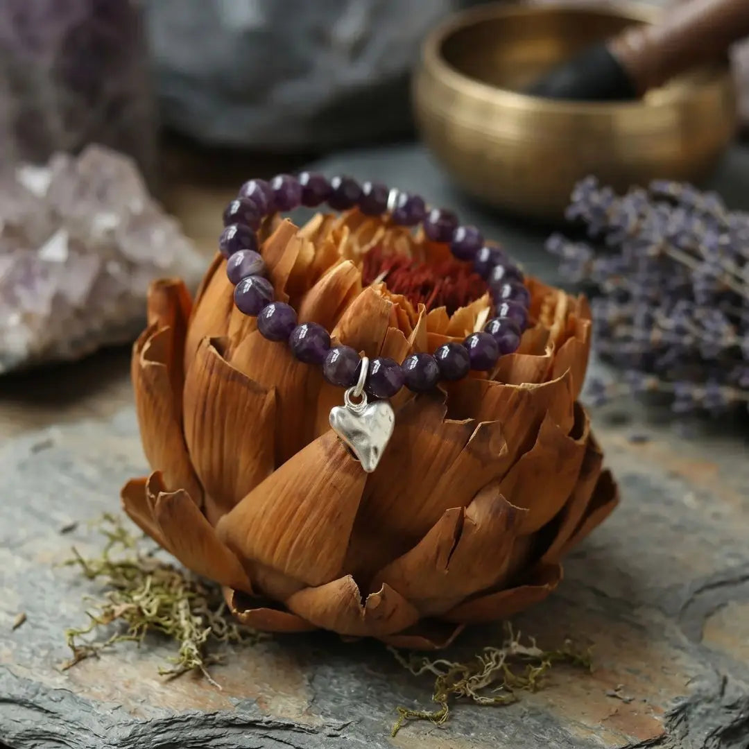 Bracelet en améthyste véritable avec pendentif en forme de cœur