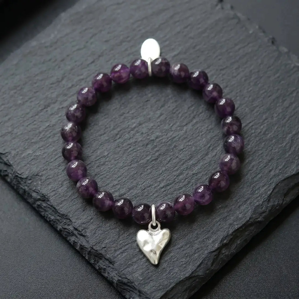 Bracelet en améthyste véritable avec pendentif en forme de cœur