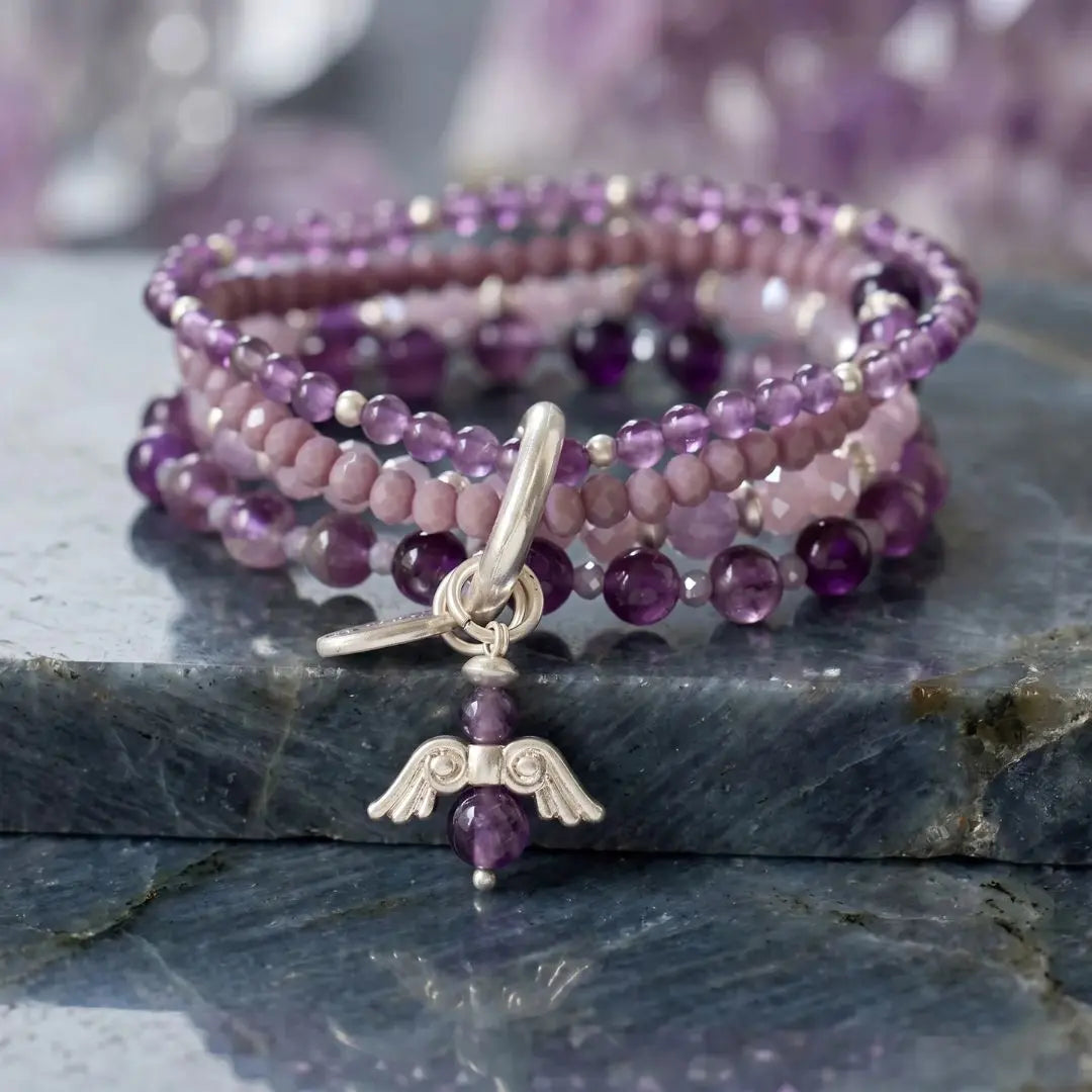 Bracelet en améthyste véritable avec pendentif ange
