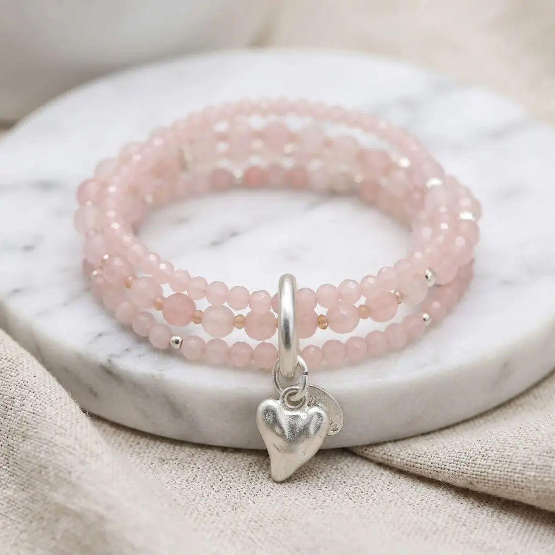 Bracelet en quartz rose véritable avec pendentif en forme de cœur