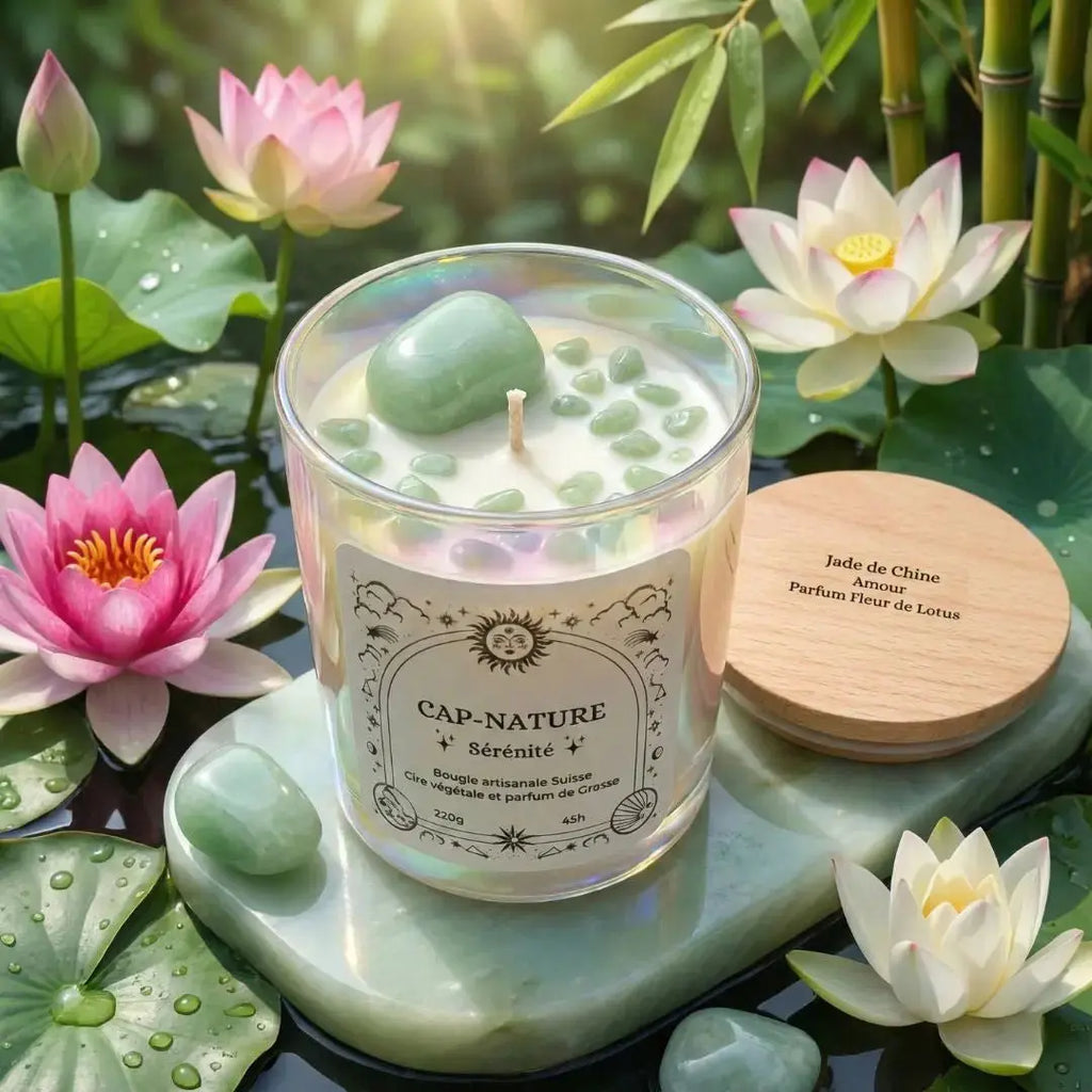 Bougie artisanale à la cire végétale avec pierres semi-précieuses Cap-Nature