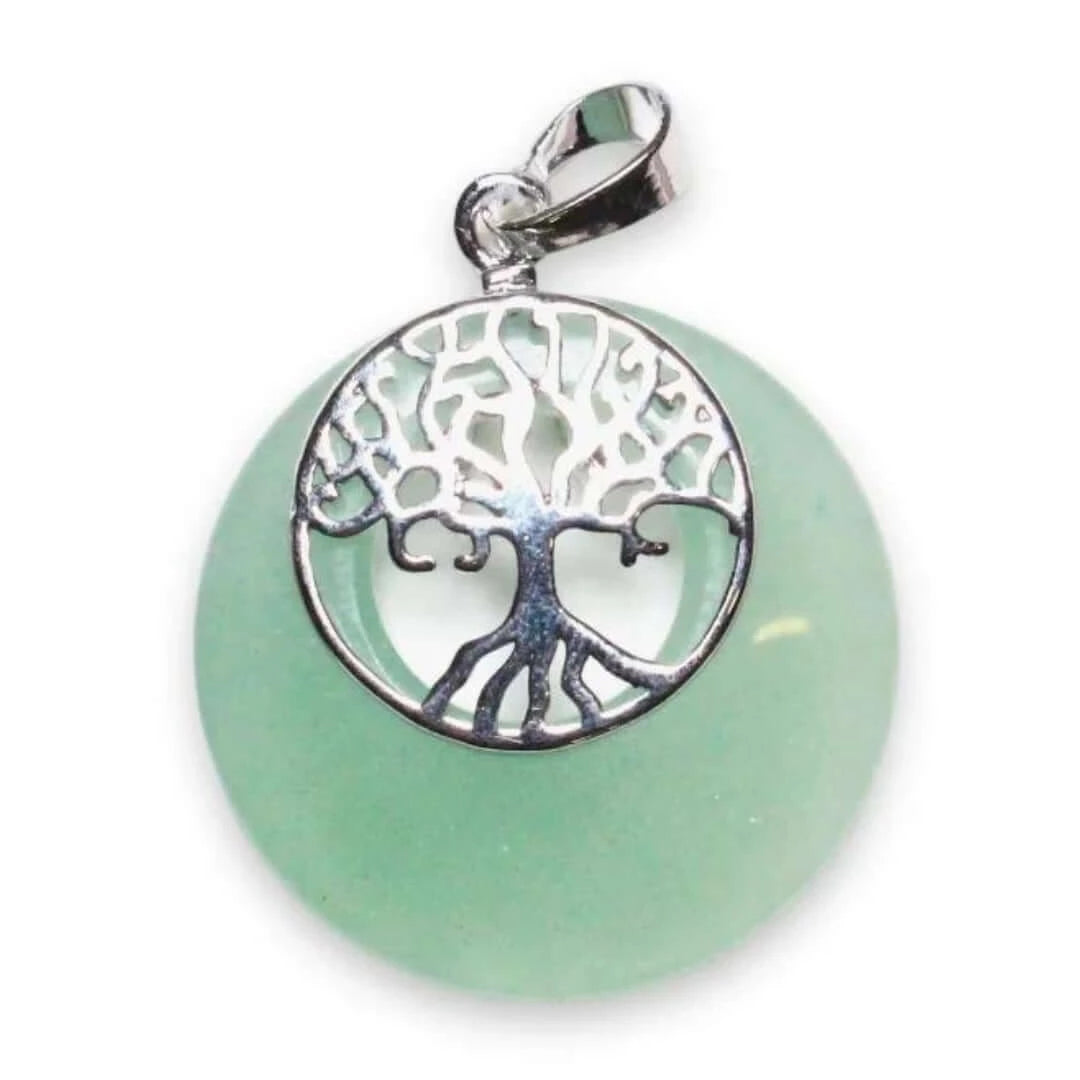 Ciondolo avventurina verde con albero della vita in ottone argentato e catena in acciaio inossidabile