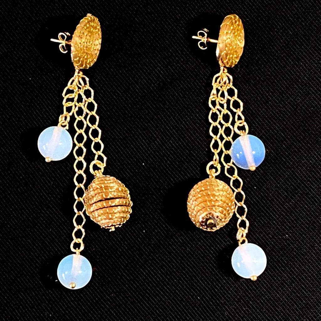 Paire de Boucles d'Oreilles Lobe et Boule en Or Végétal avec Perles en Pierre de Lune - Cap-Nature